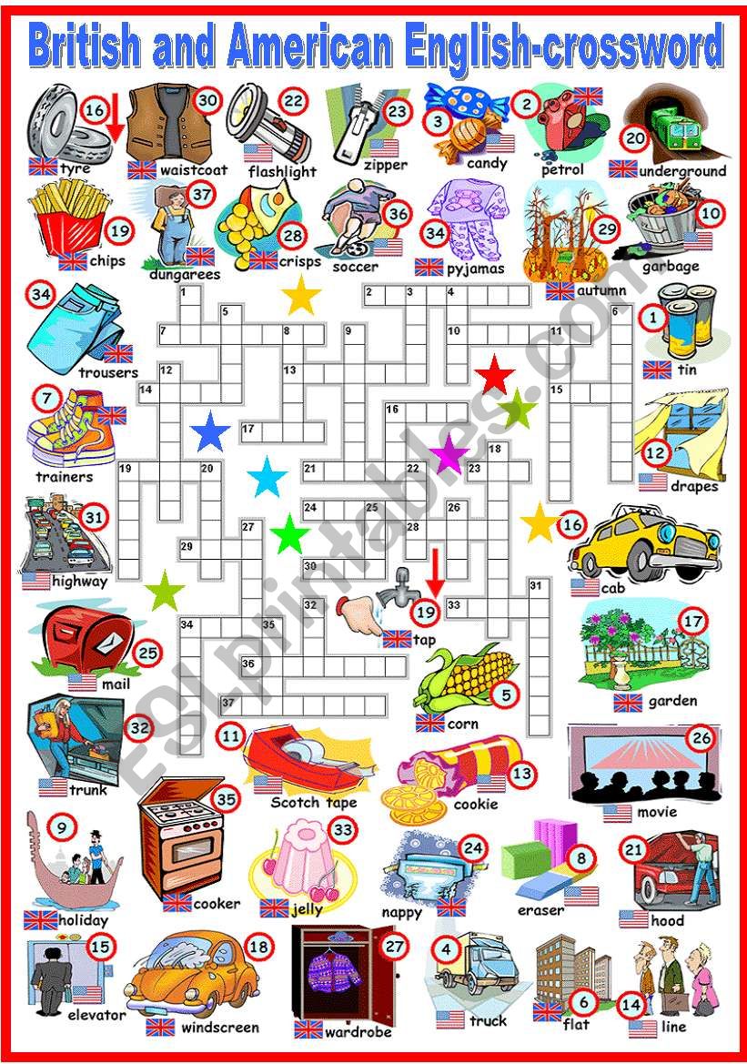 BRITISH AND AMERICAN ENGLISH - CROSSWORD (KEY AND B&W VERSION INCLUDED)