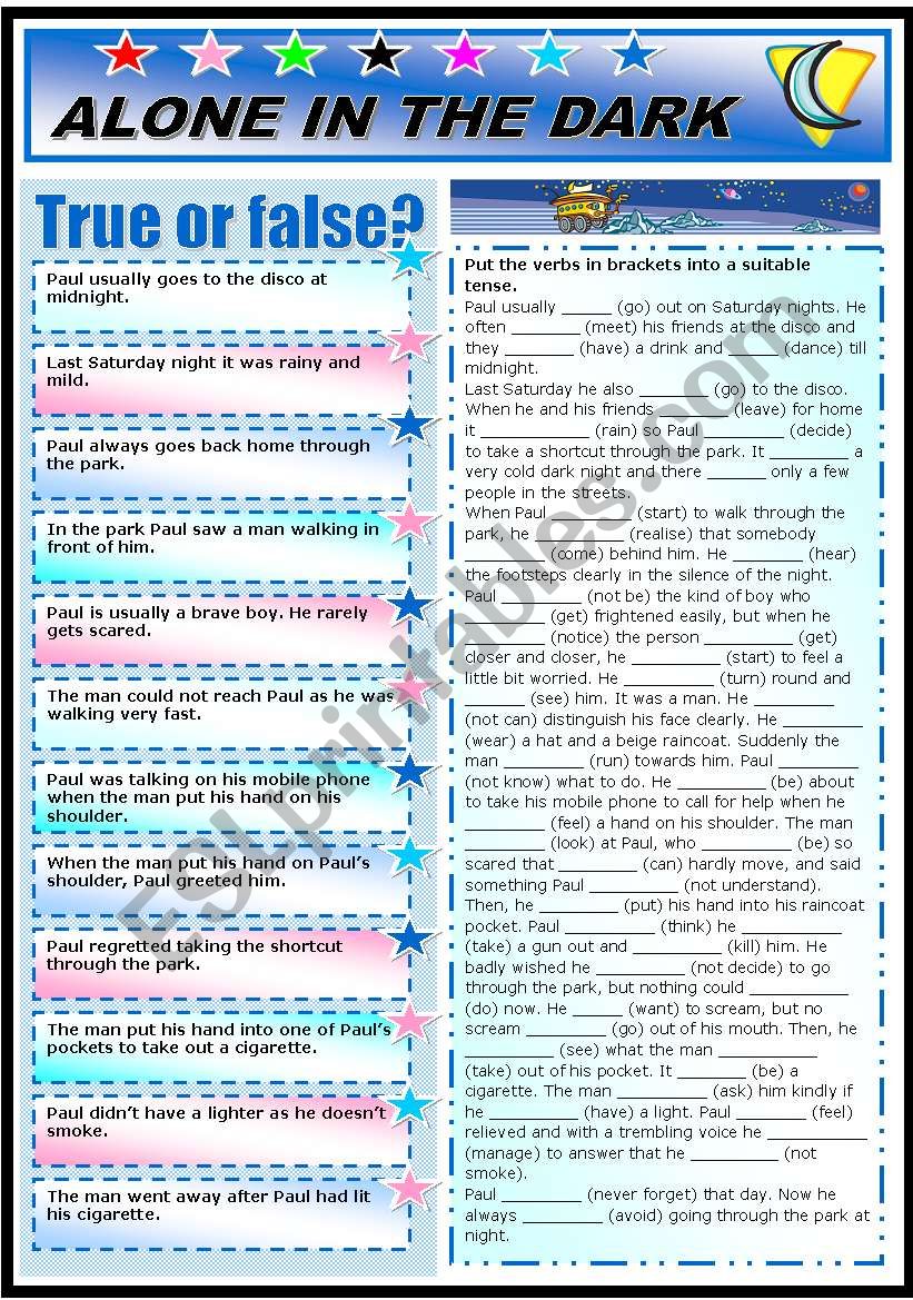 ALONE IN THE DARK- READING AND COMPREHENSION AND MIXED TENSES (KEY AND B&W VERSION INCLUDED)