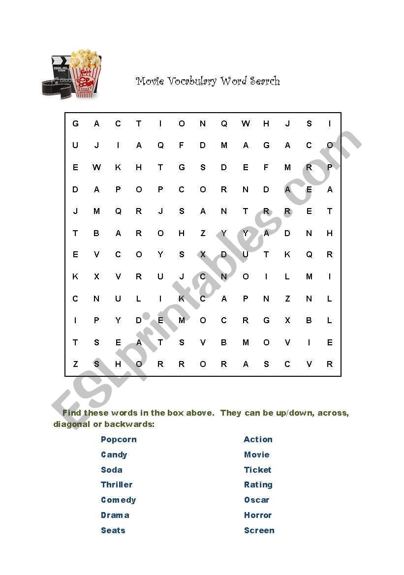 Movie Vocabulary Word Search worksheet