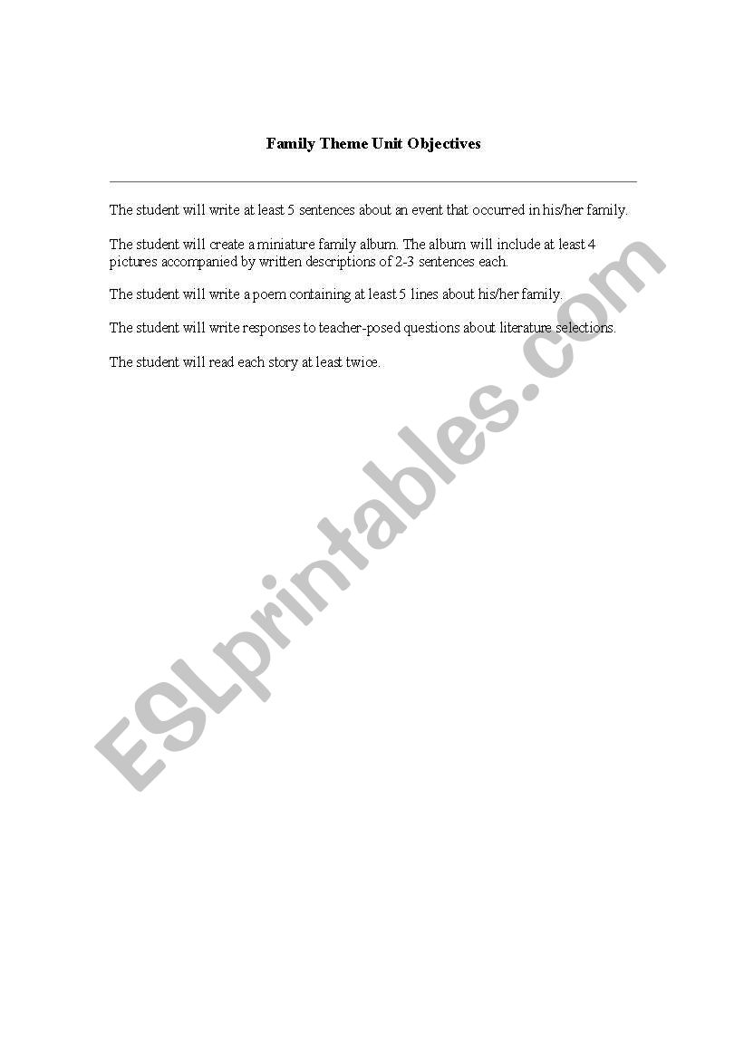 Family Themed Unit Objective worksheet