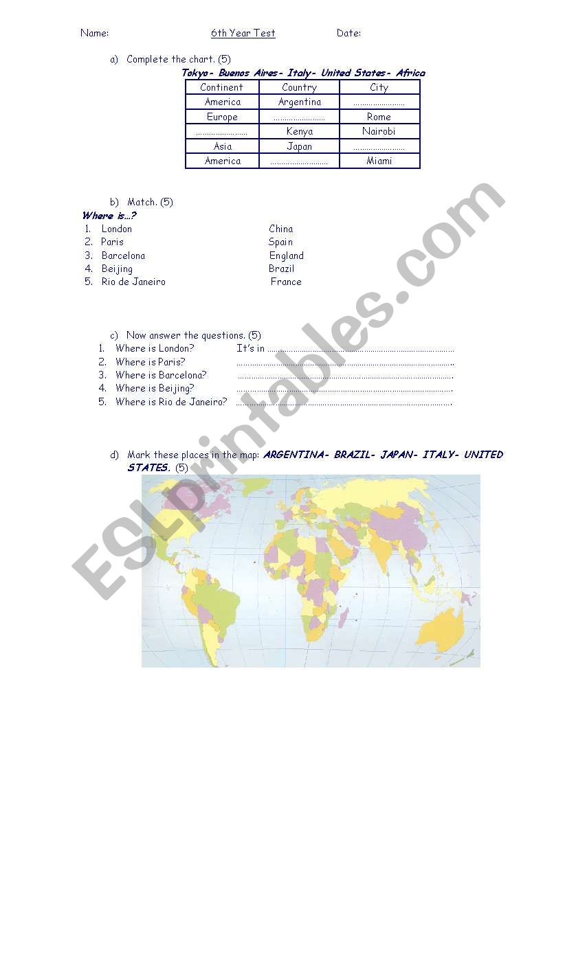 countries and continents test worksheet