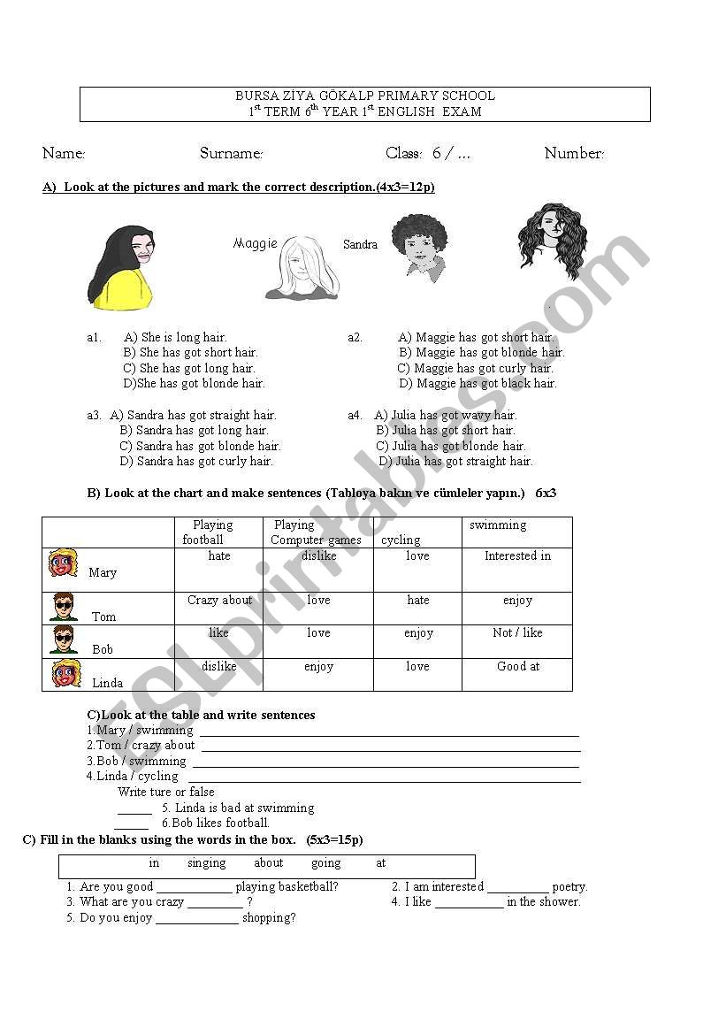 6th year exam worksheet