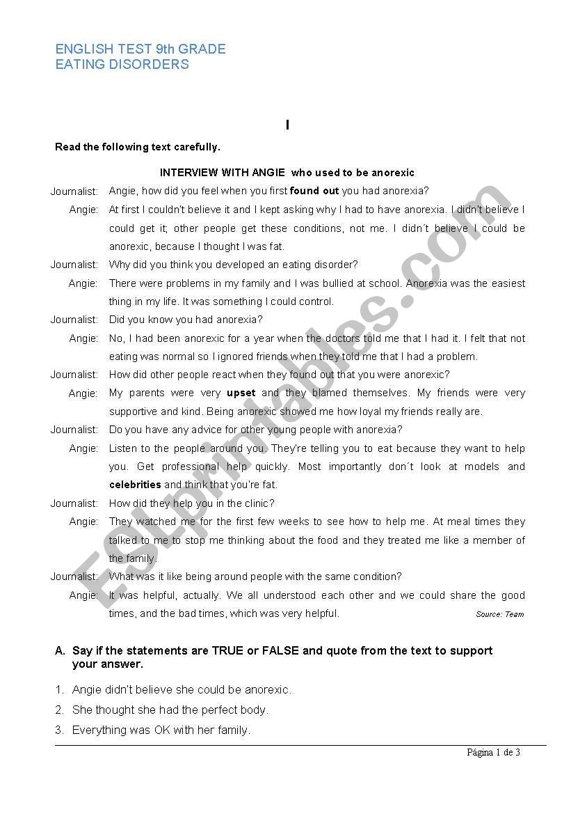 Eating disorders worksheet