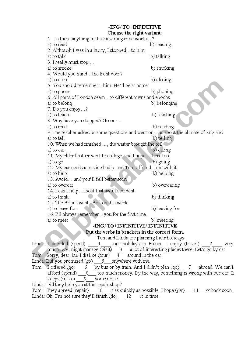 -ING/ TO+INFINITIVE worksheet