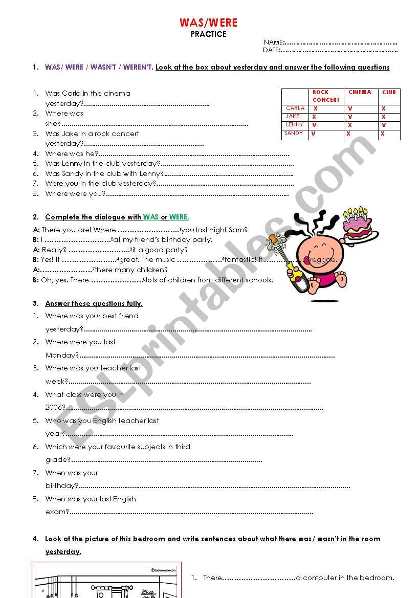 Simple past of the verb to BE worksheet