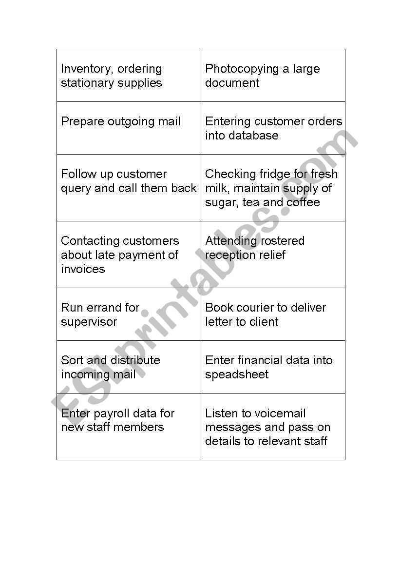 A table of clerical tasks worksheet