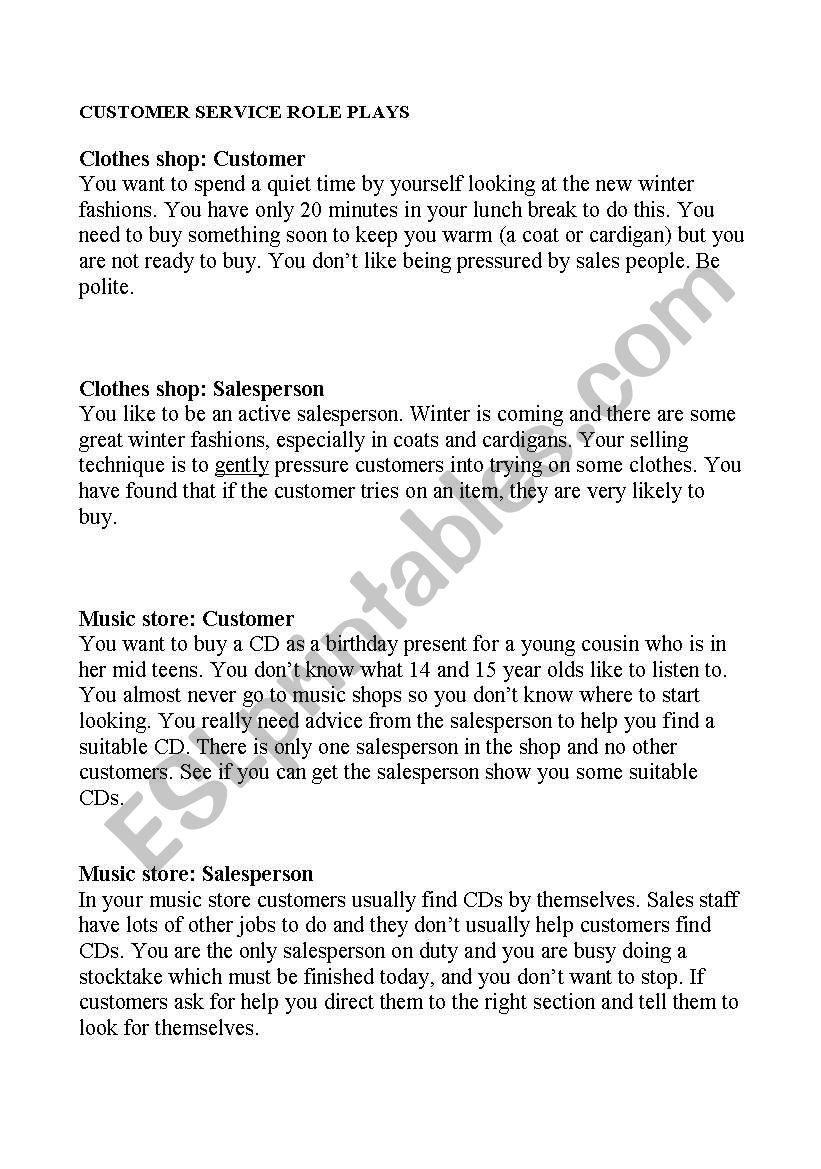 Customer Service Roleplays worksheet