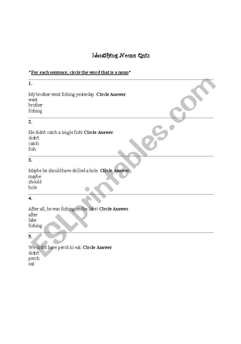 Identifying nouns quiz worksheet