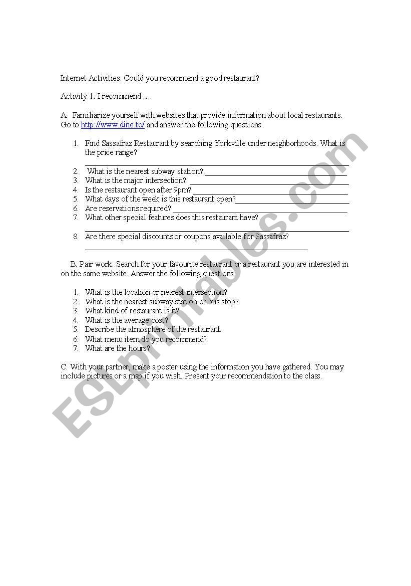 Recommend worksheet