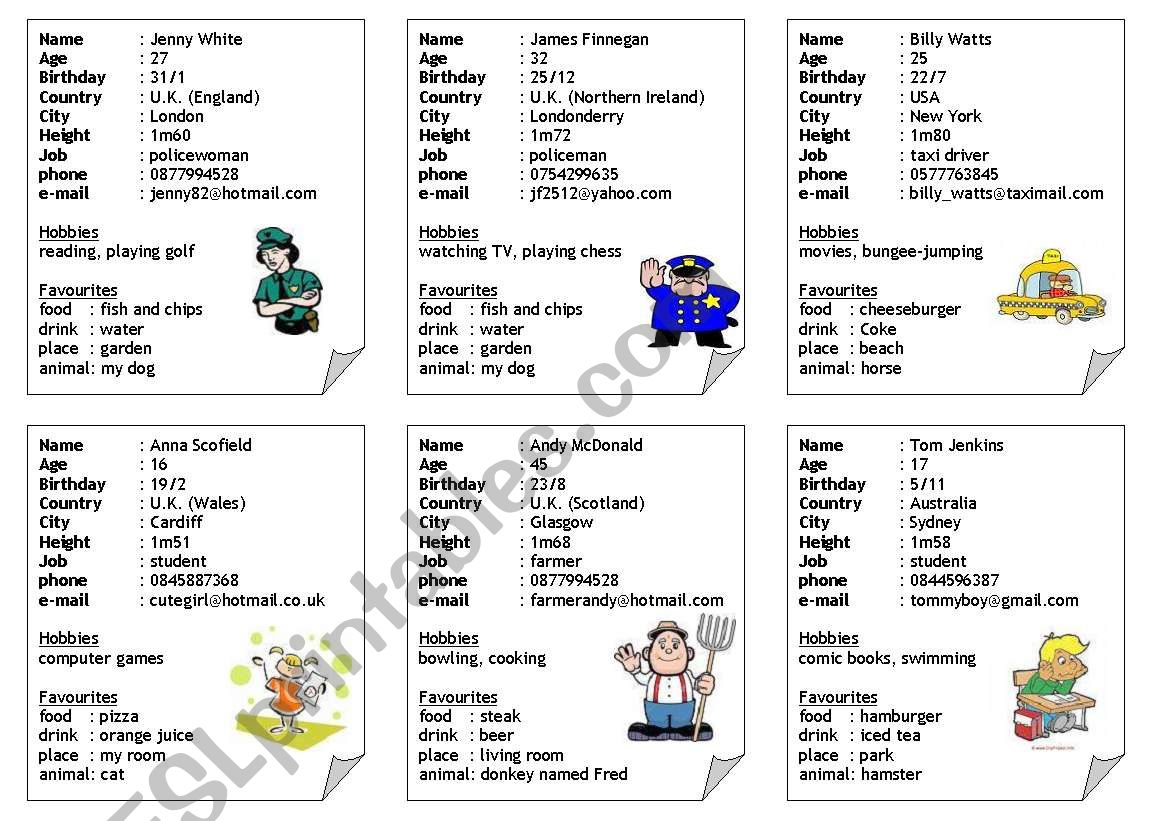 30 Fictitious ID Cards - (can be used with Getting to Know You worksheet)