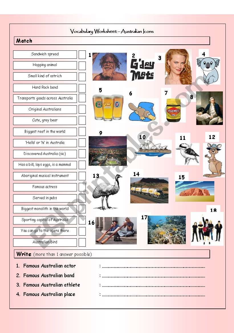 Vocabulary Matching Worksheet & Quiz - AUSTRALIAN ICONS & LANDMARKS