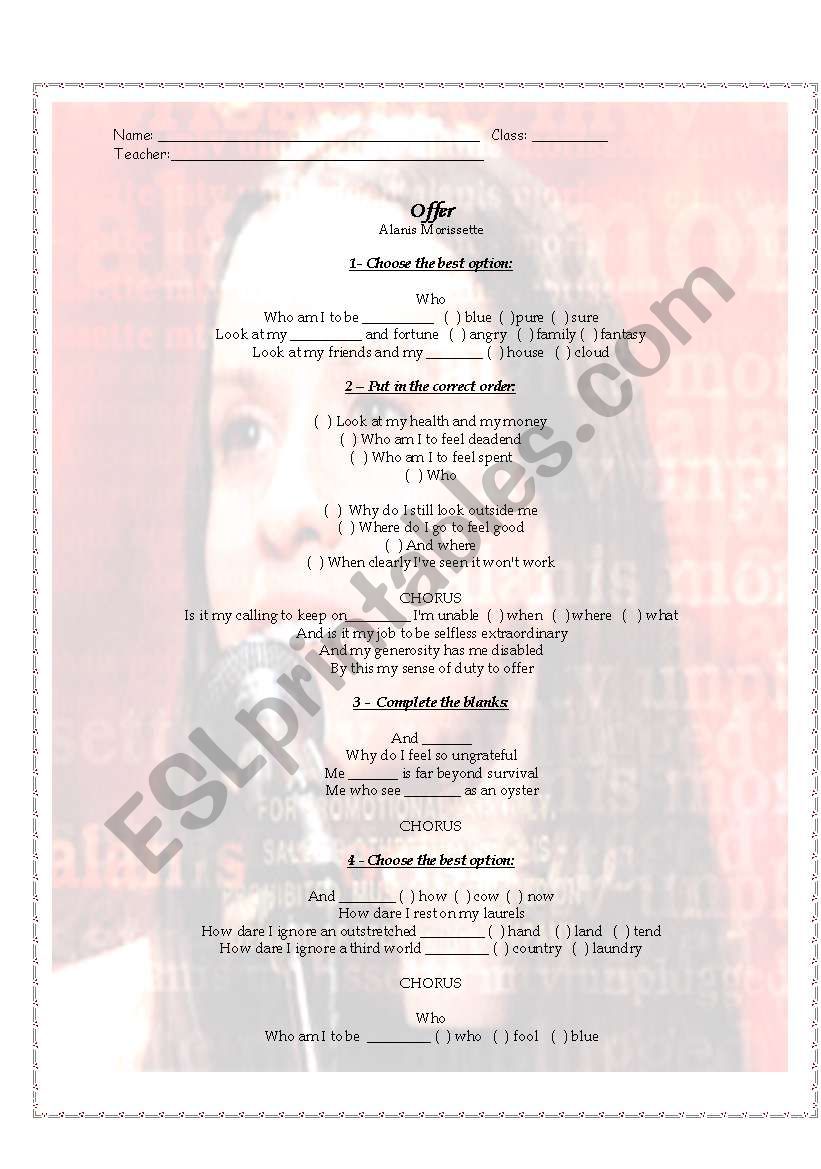 Offer - Alanis Morissette worksheet