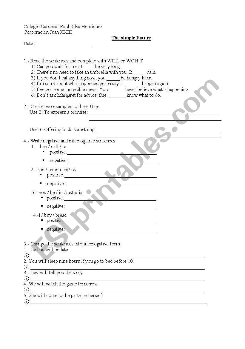 simple future will worksheet