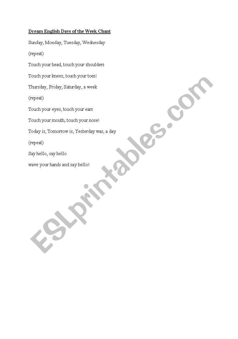 seven days of the week song worksheet