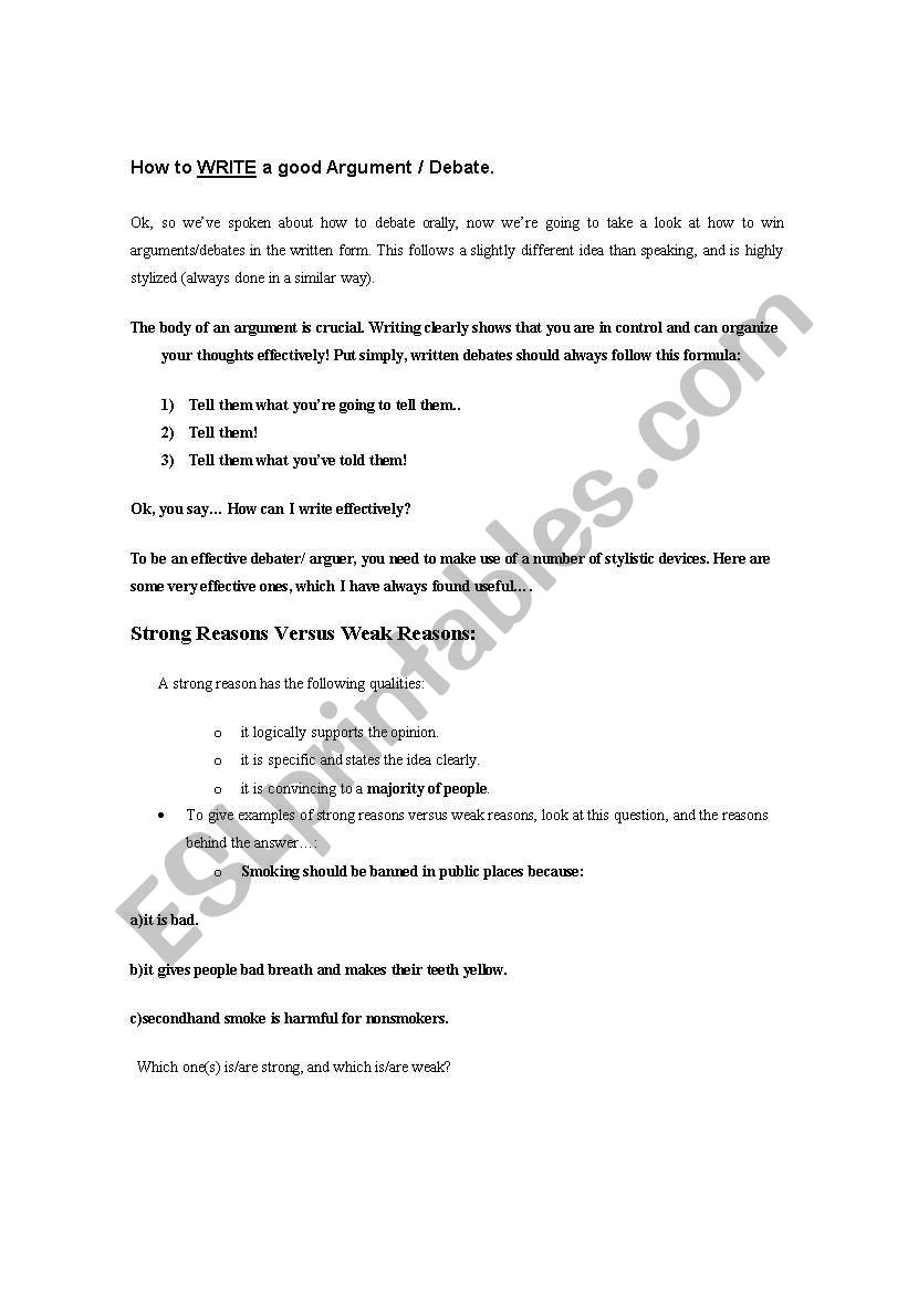 How to write a good argument. worksheet