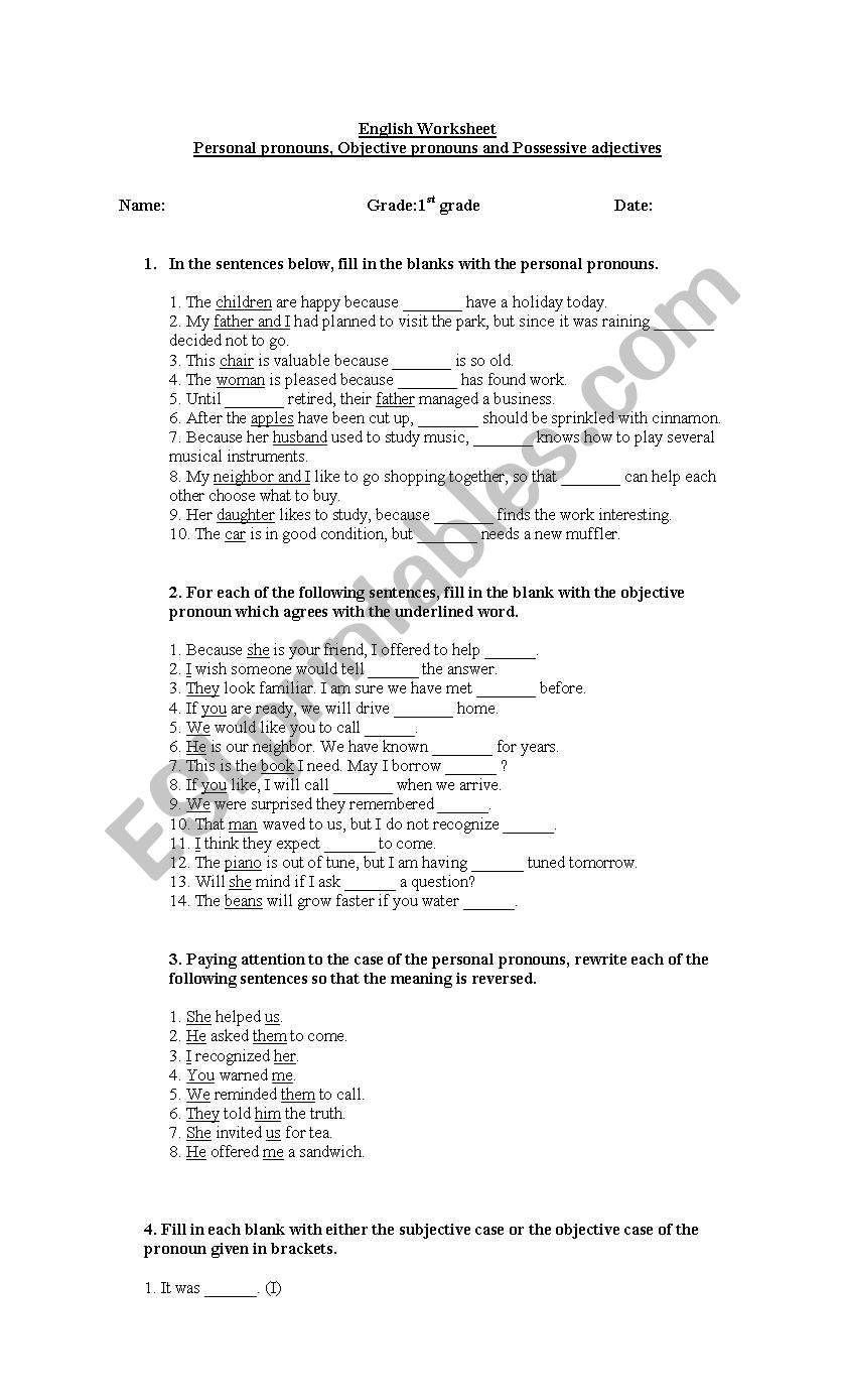 Pronouns and Adjectives worksheet