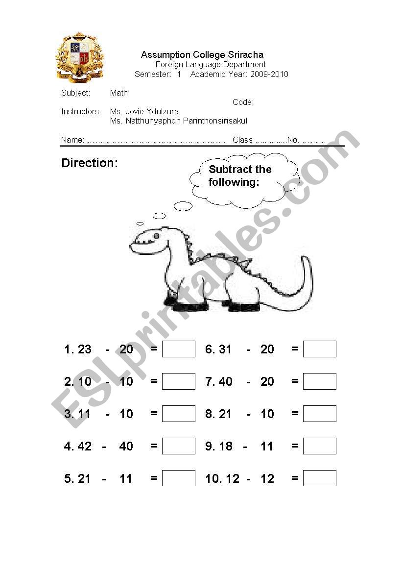 subtraction worksheet