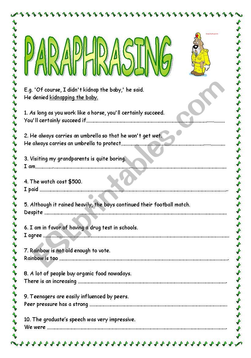 worksheets on paraphrasing with answers