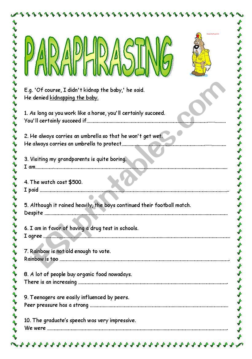 Paraphrasing worksheet