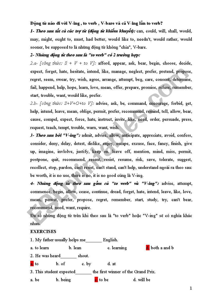 Gerund and infinitive worksheet