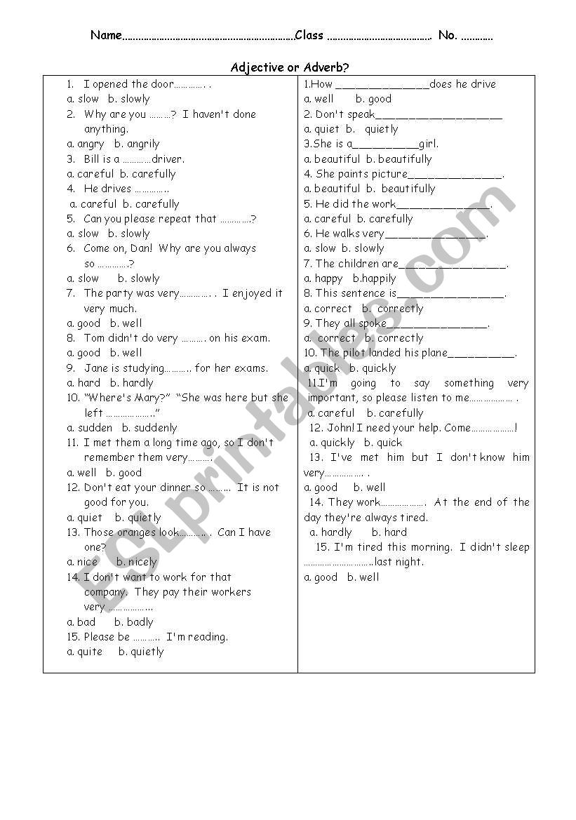 adjective or adverb worksheet