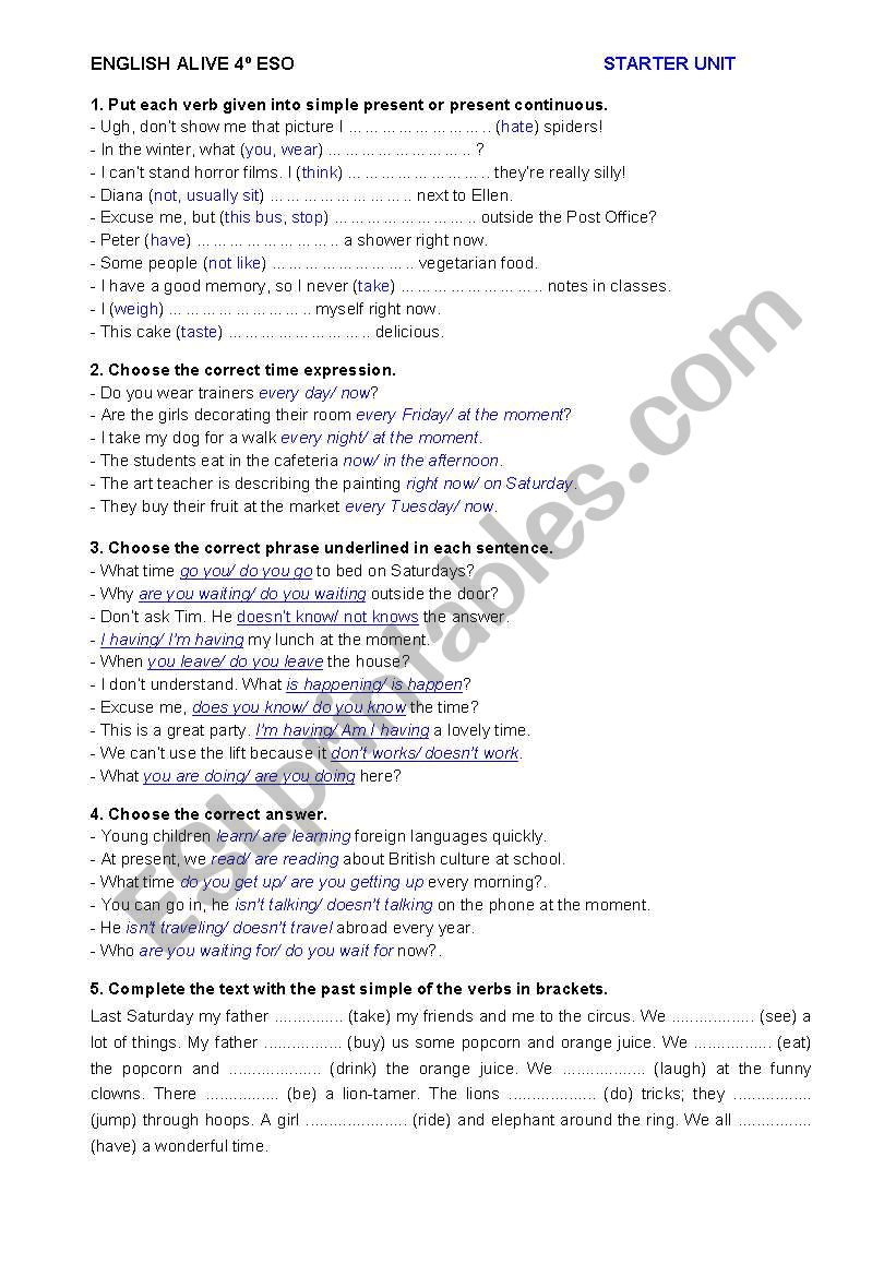 ENGLISH ALIVE 4Âº ESO - PRACTICE TEST - STARTER UNIT