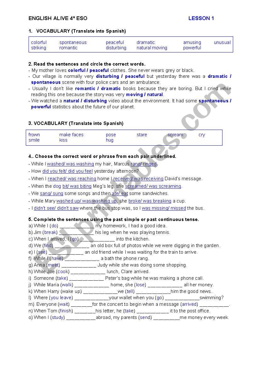 ENGLISH ALIVE 4Âº ESO - PRACTICE TEST - UNIT 1