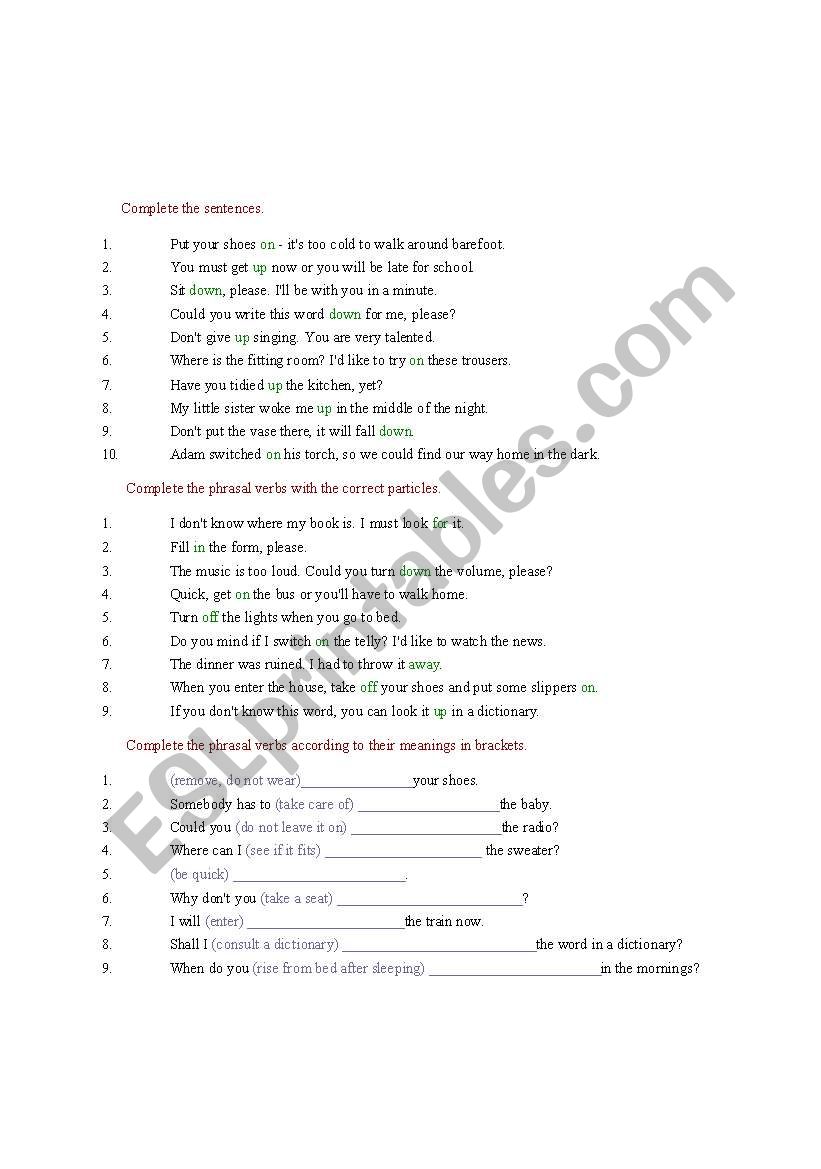phrasal verbs activities answer key