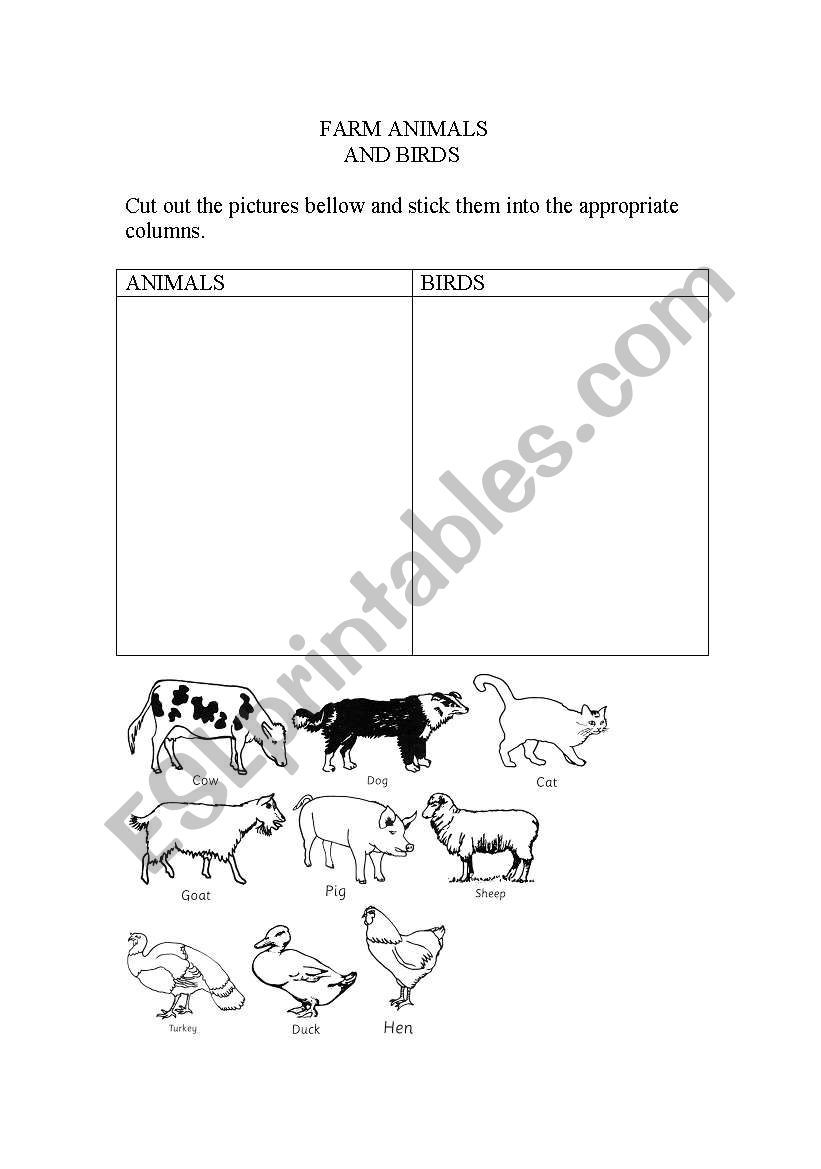 Farm animals and birds worksheet