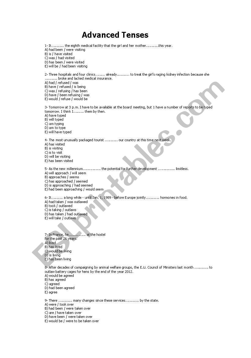 advanced tenses 2 worksheet