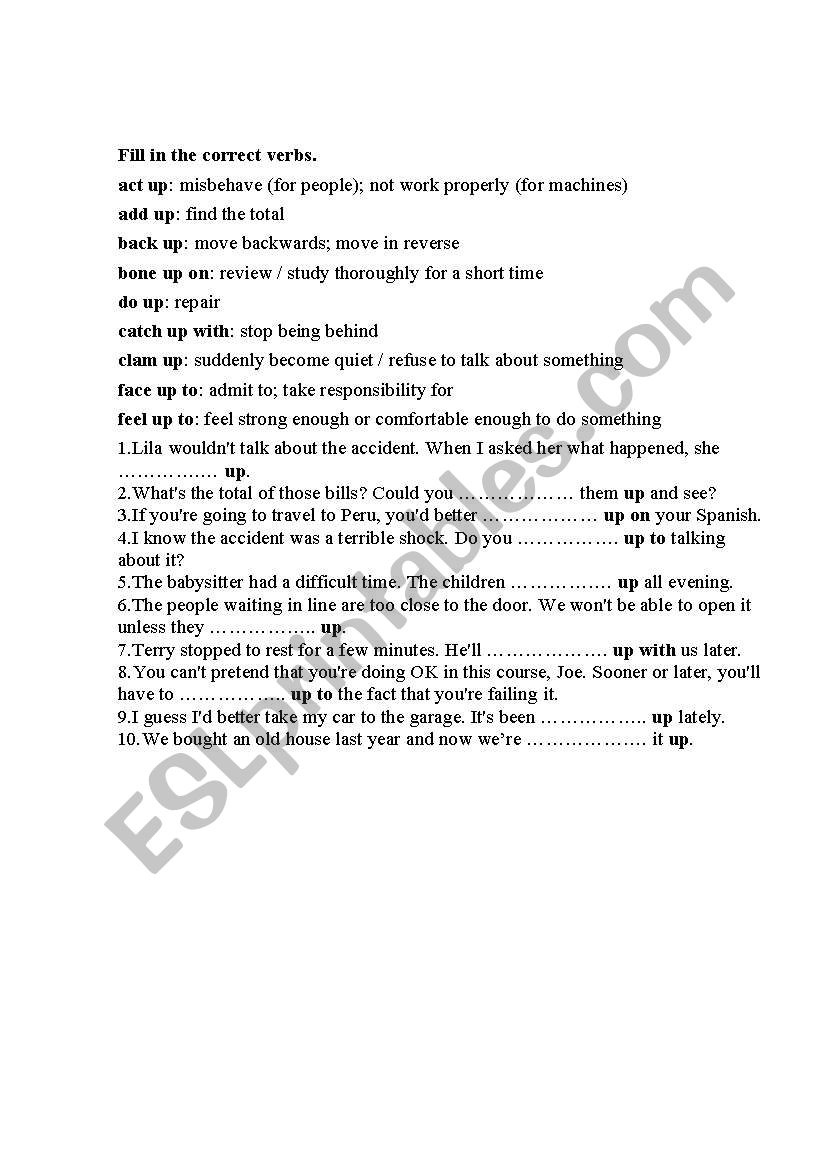 Phrasal verbs with UP worksheet
