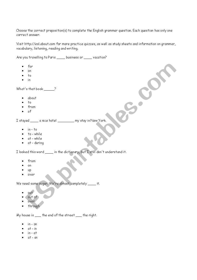 Preposition quiz worksheet