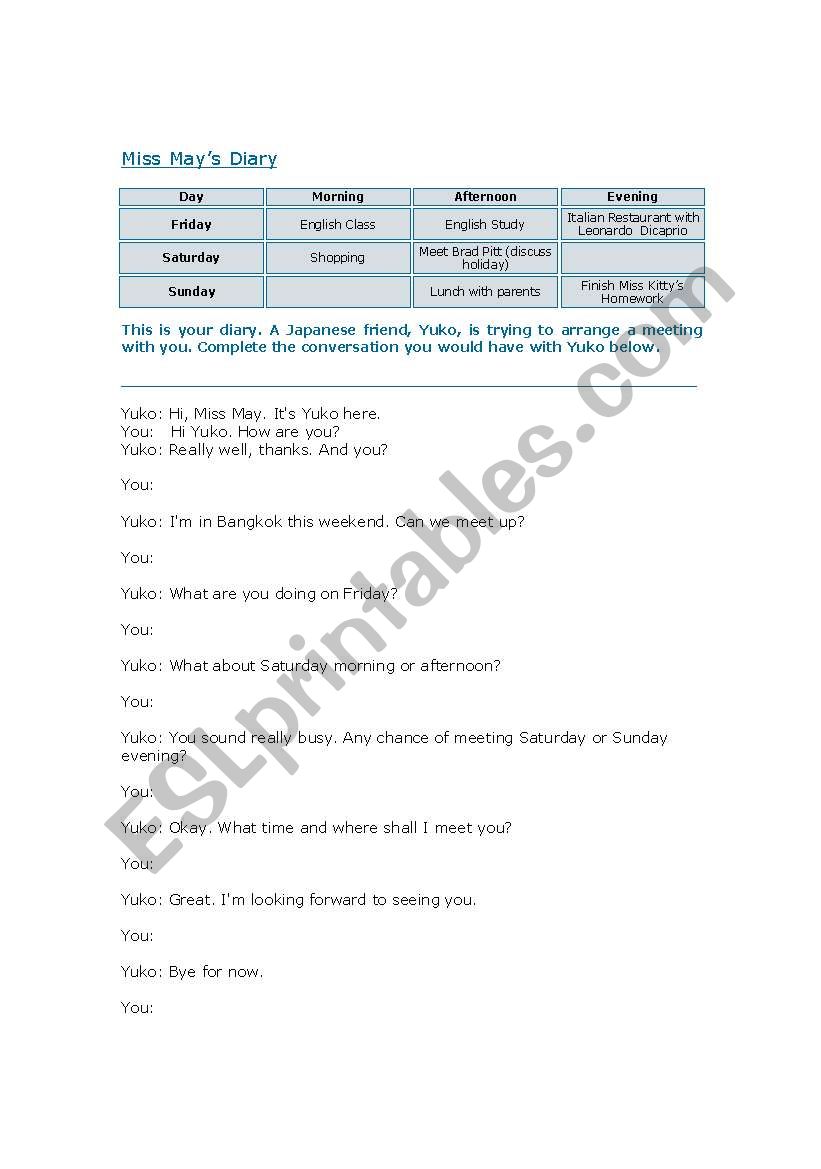 Present Continuous Diary worksheet