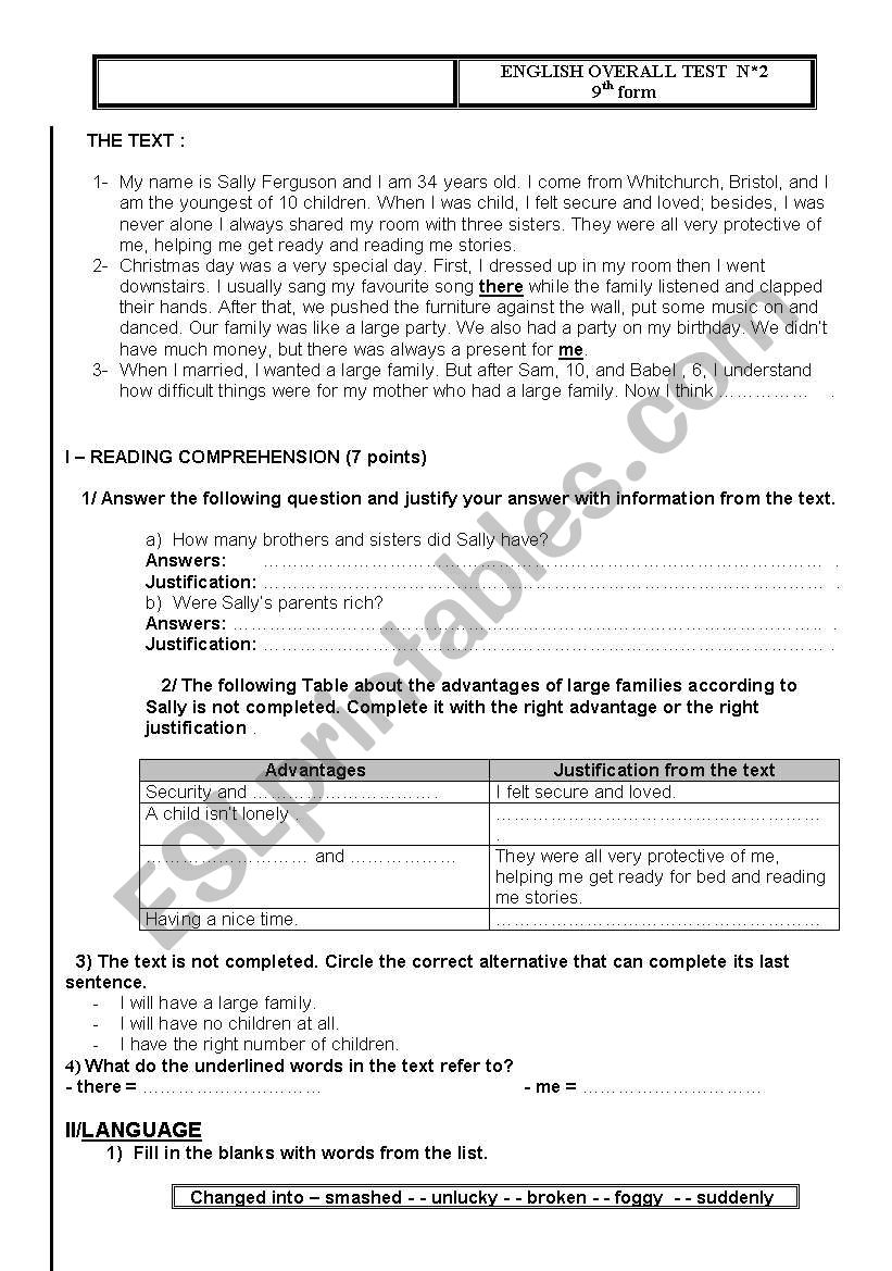 9th form test worksheet