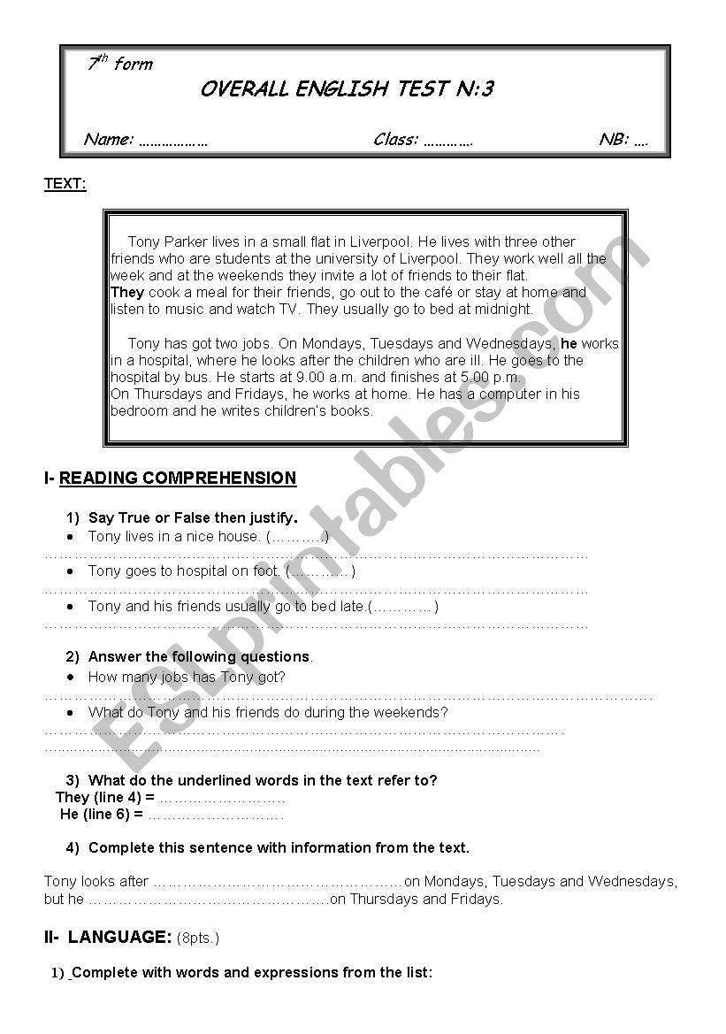 7th form test worksheet