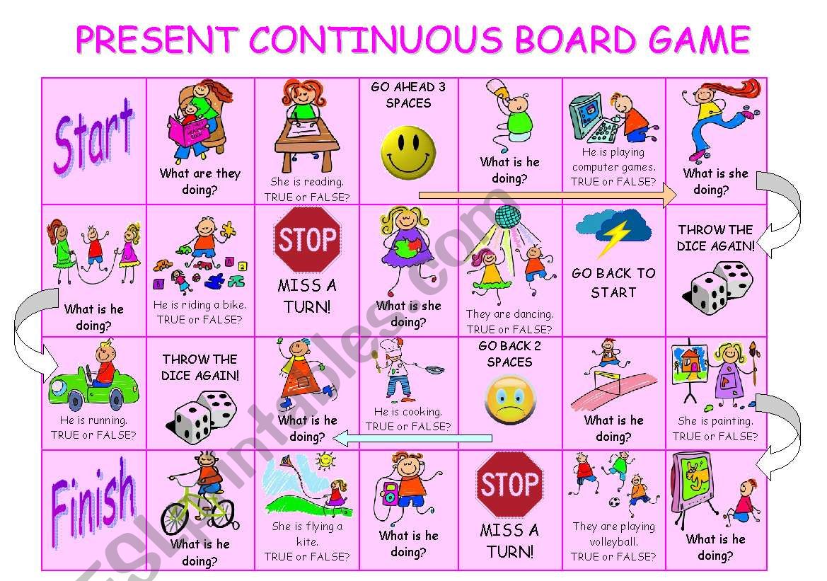 Present continuous board game worksheet