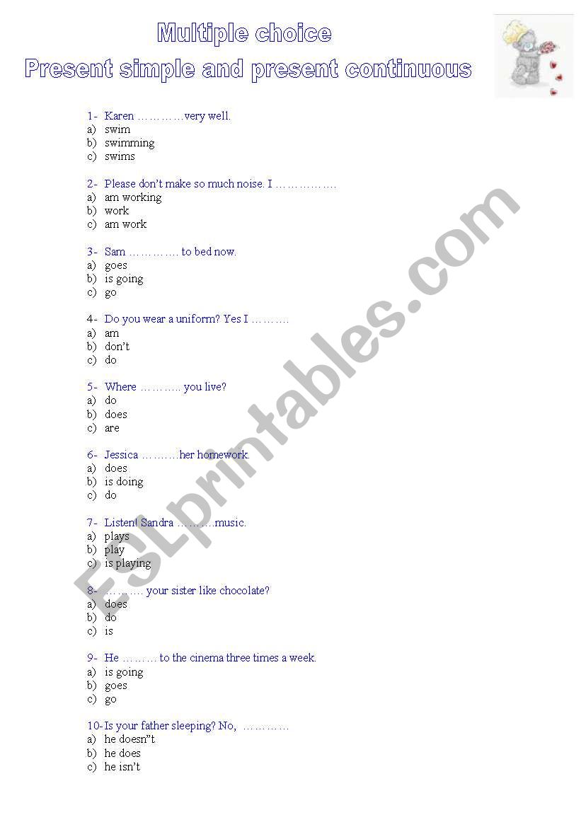 Multiple choice present simple and continuous