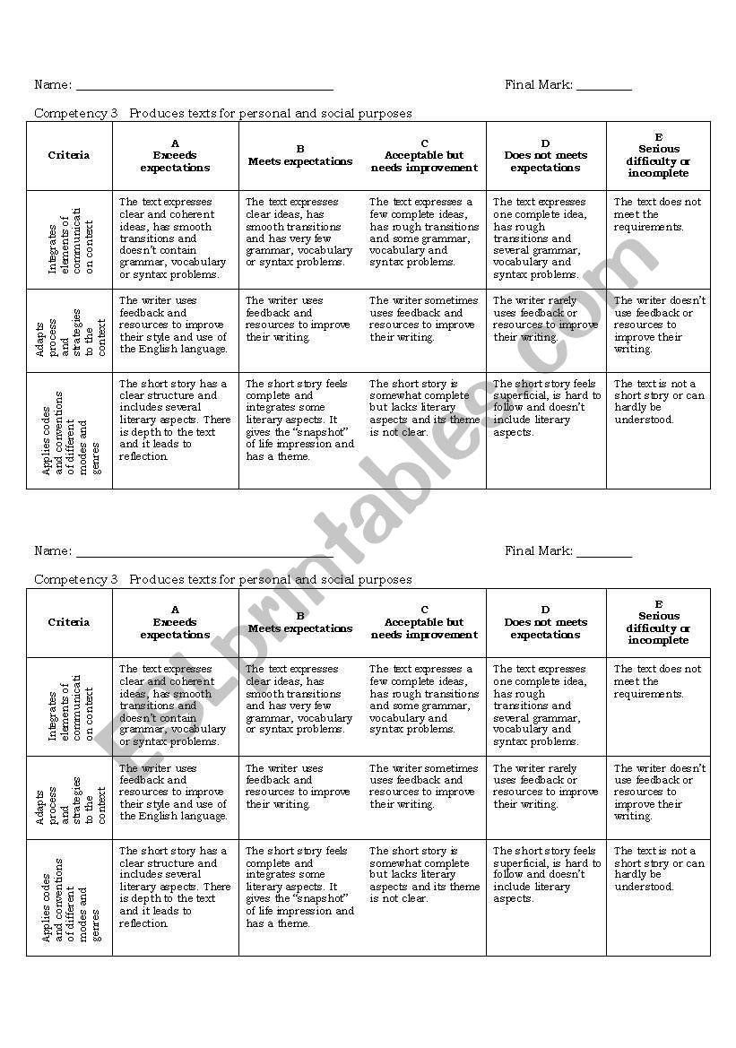 Short story evaluation grids worksheet