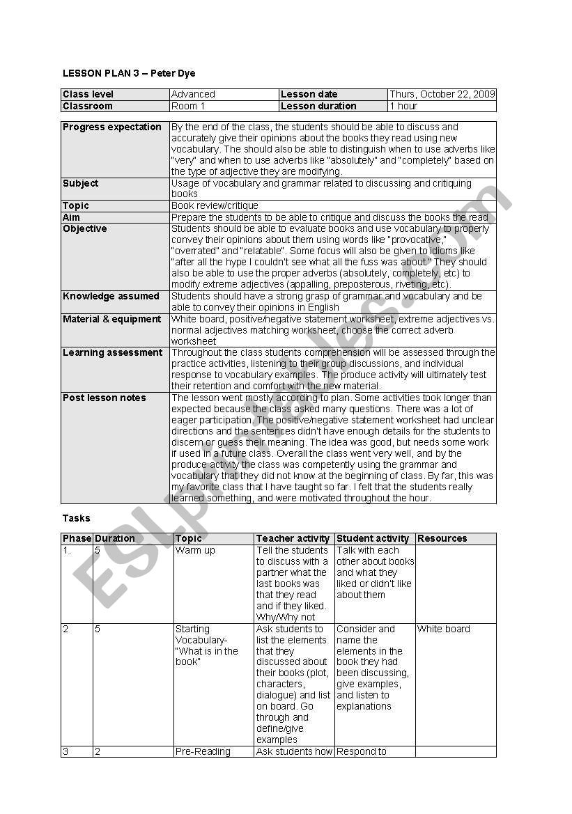 Book review worksheet