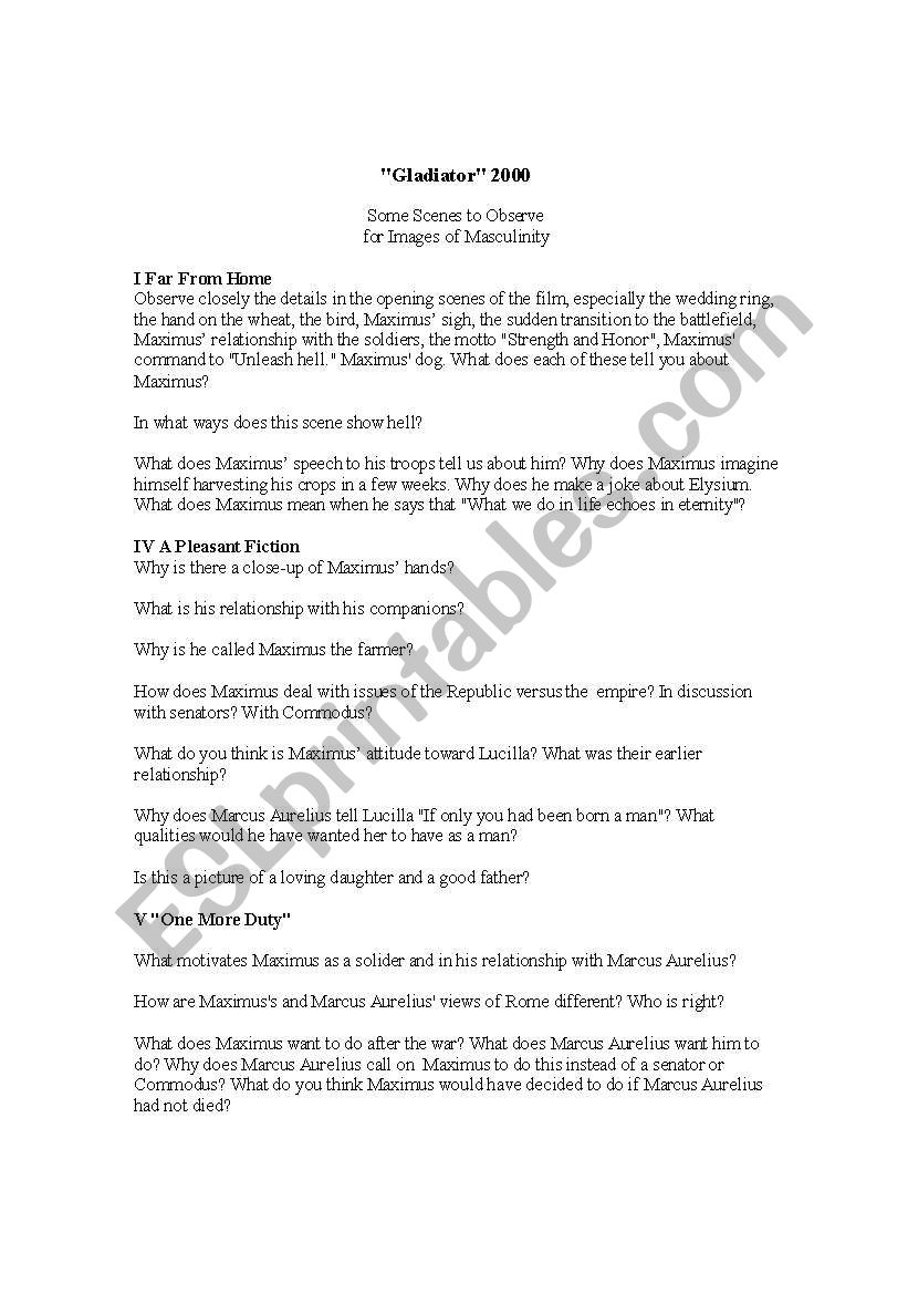 Gladiator Study Guide worksheet