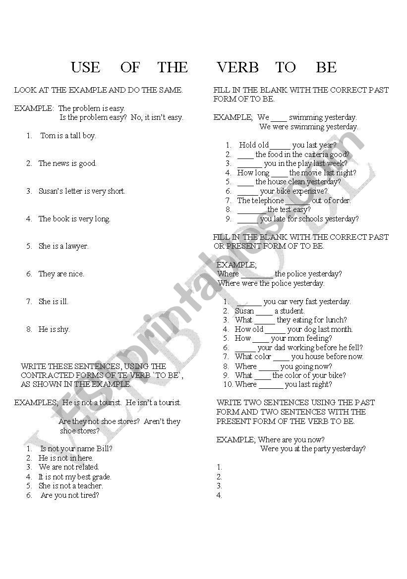 Use of the verb to be worksheet