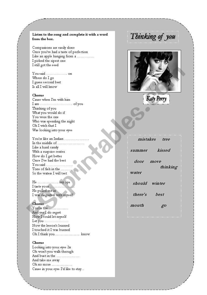 Thinking of you - kelly perry worksheet