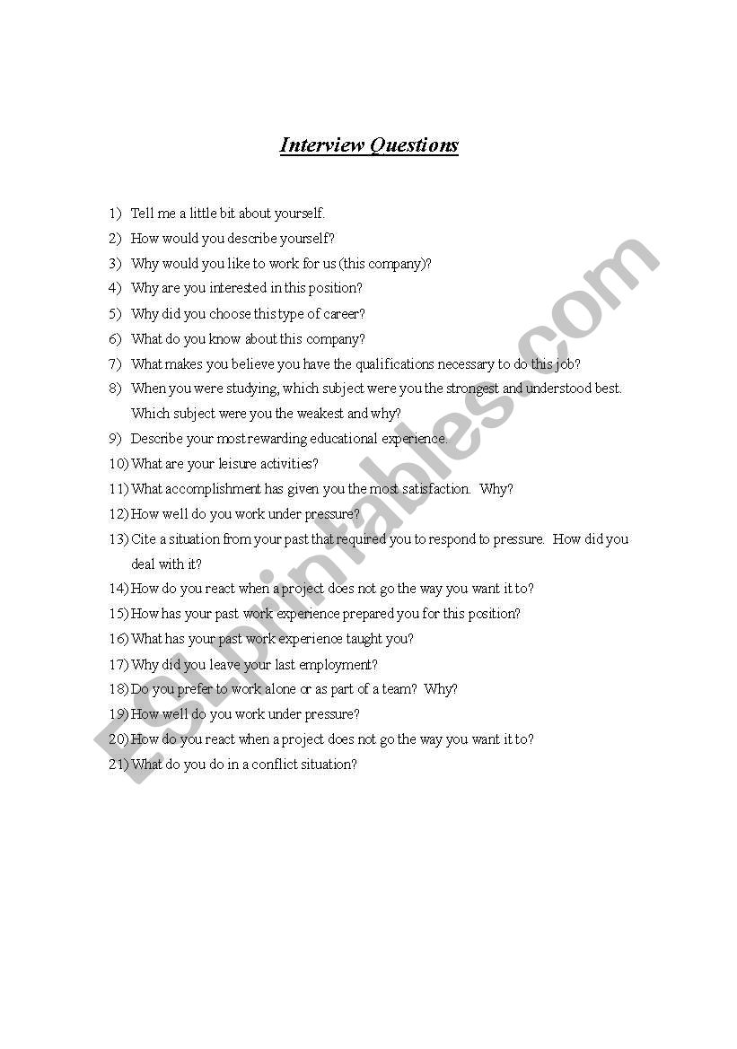 Interview Questions worksheet