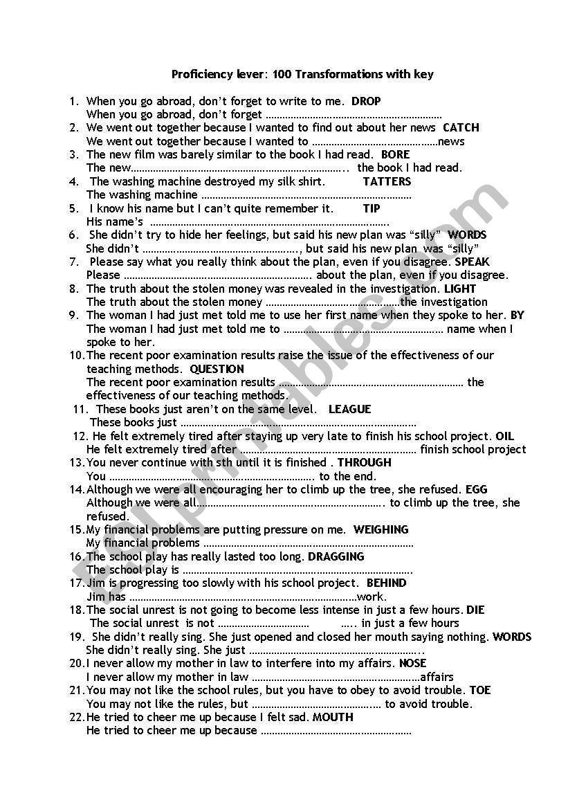 PROFICIENCY LEVEL ESSENTIAL TRANSFORMATION EXERCISES