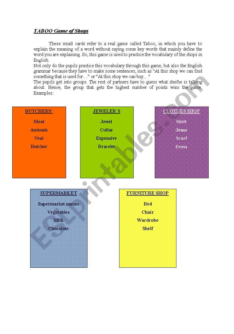 Taboo Game of English Shops worksheet