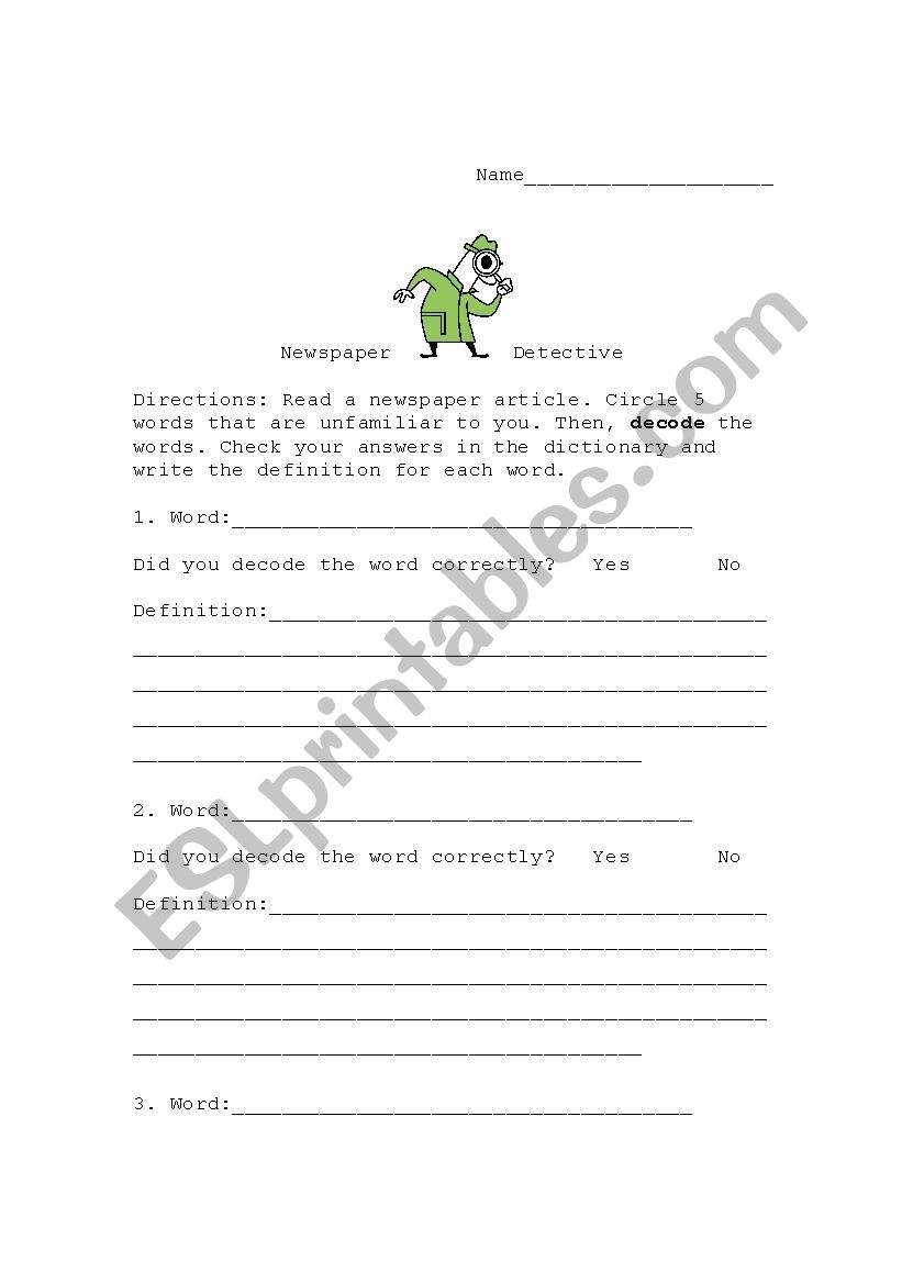 Newspaper Detective worksheet