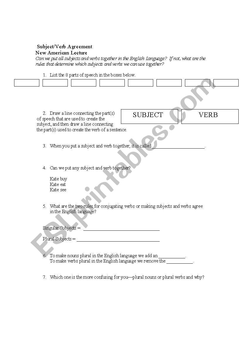 Subject and Verb Agreement worksheet