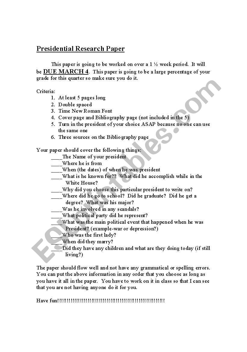 president research paper worksheet