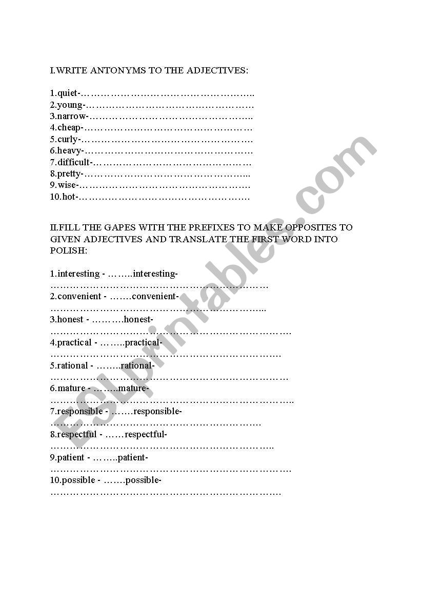 test-adjectives worksheet