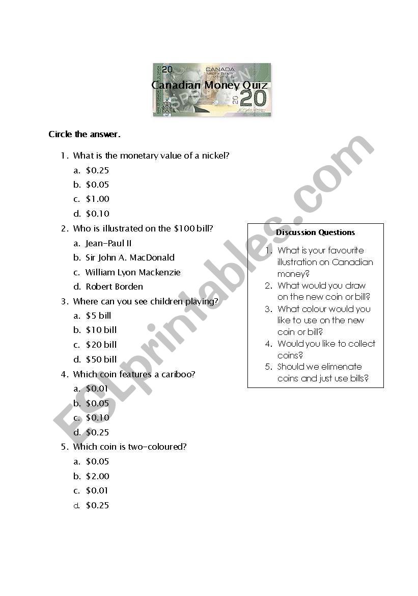 Canadian Money Quiz worksheet